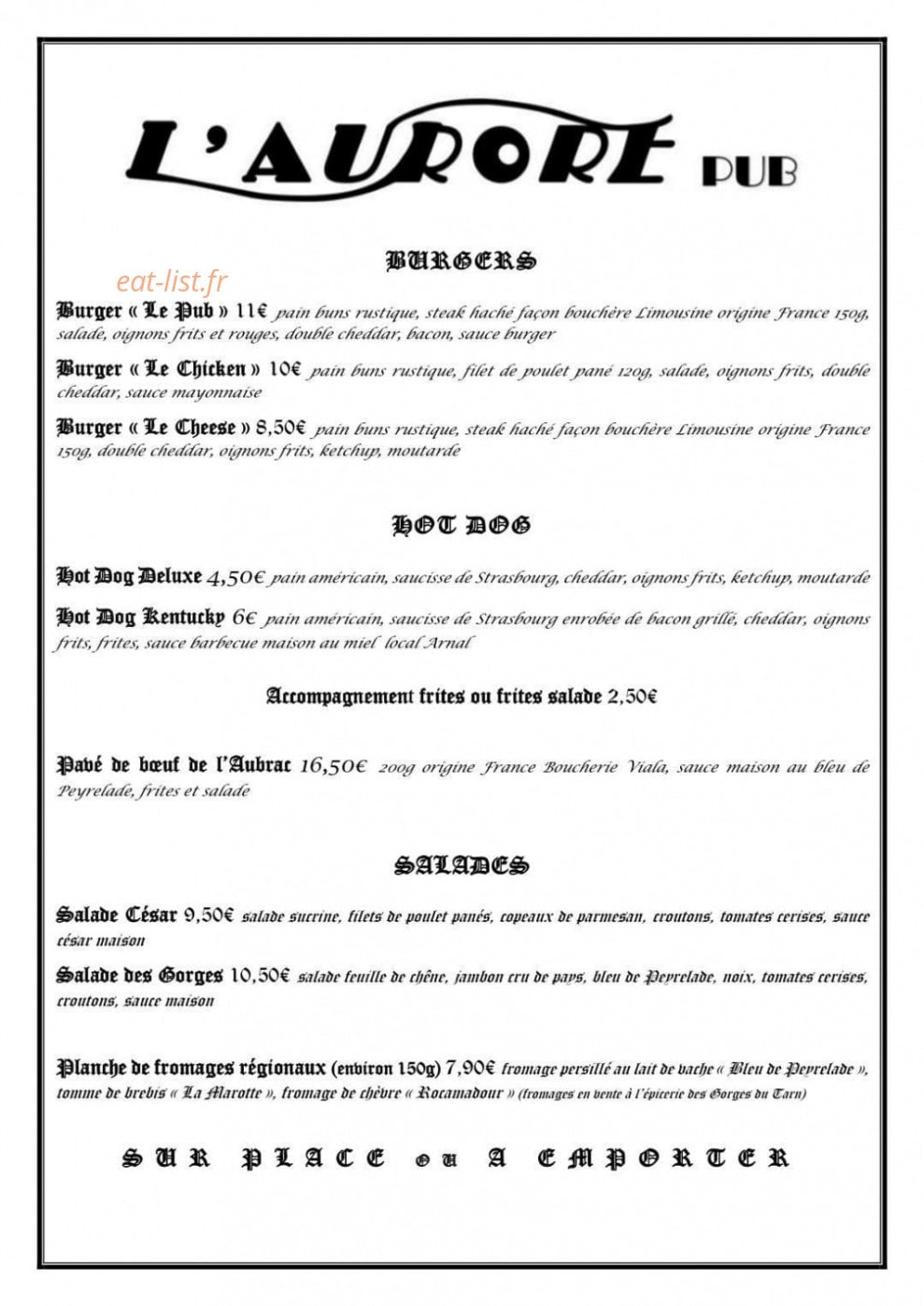 L'Aurore Pub — carte page 1