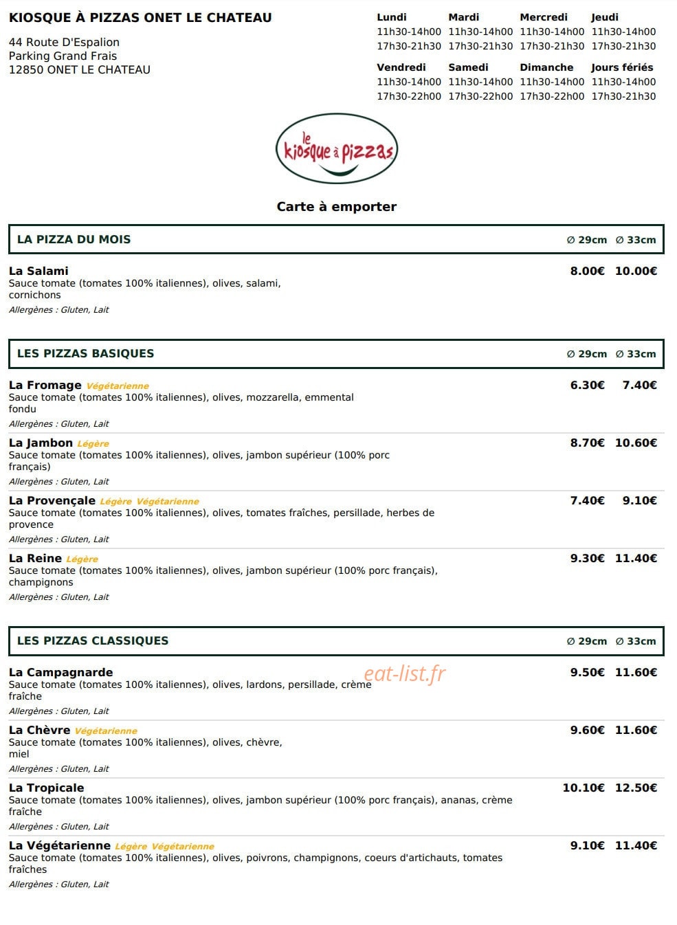 Le Kiosque à Pizzas — carte page 1