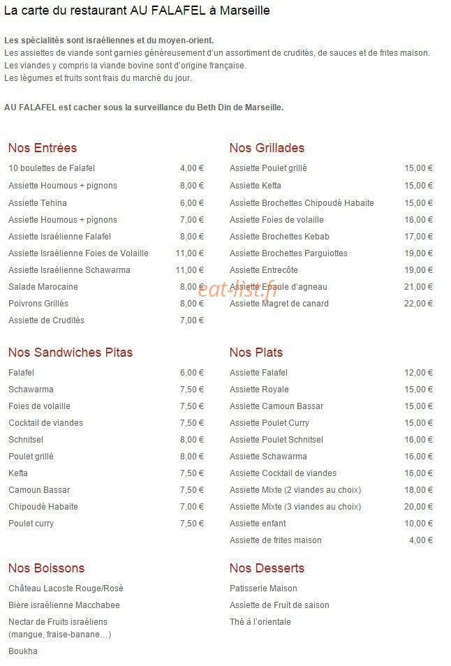 Au Falafel — carte page 1