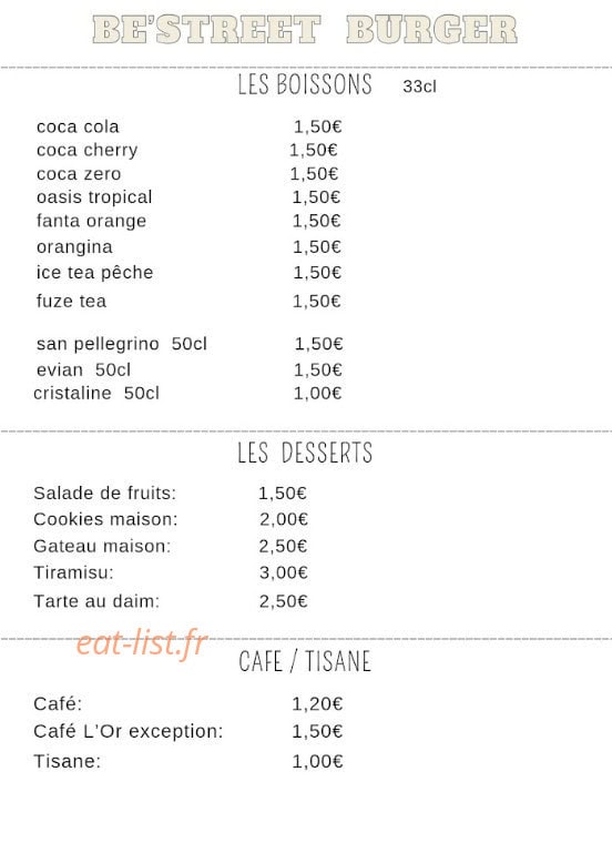 Be'Street Burger — carte page 9