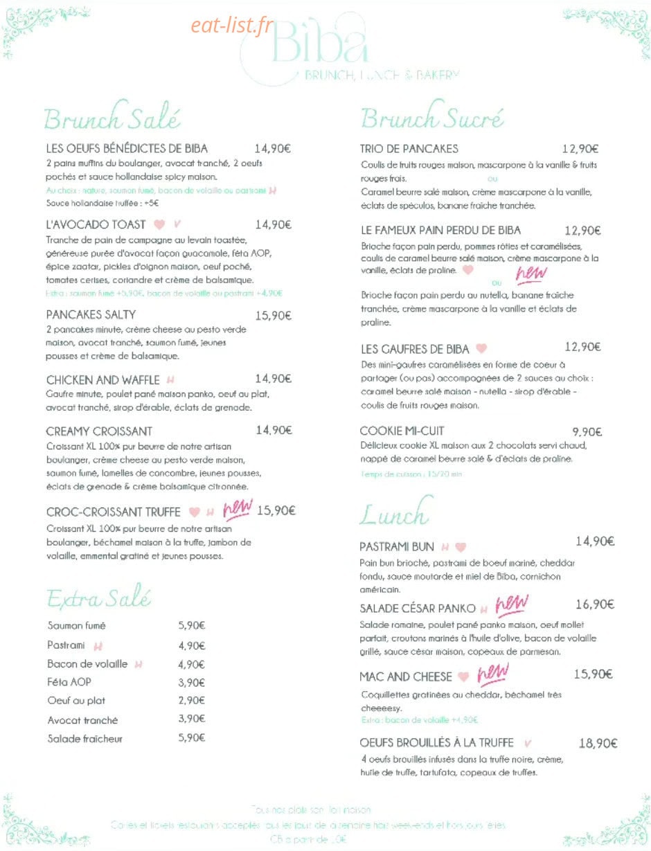 Biba Brunch — carte page 1