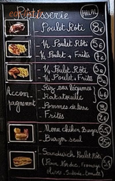Carte et menu de La place du poulet à Marseille 1 — Exemple de menu