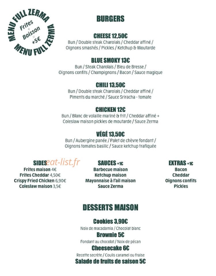 Zerma Burger — carte page 1