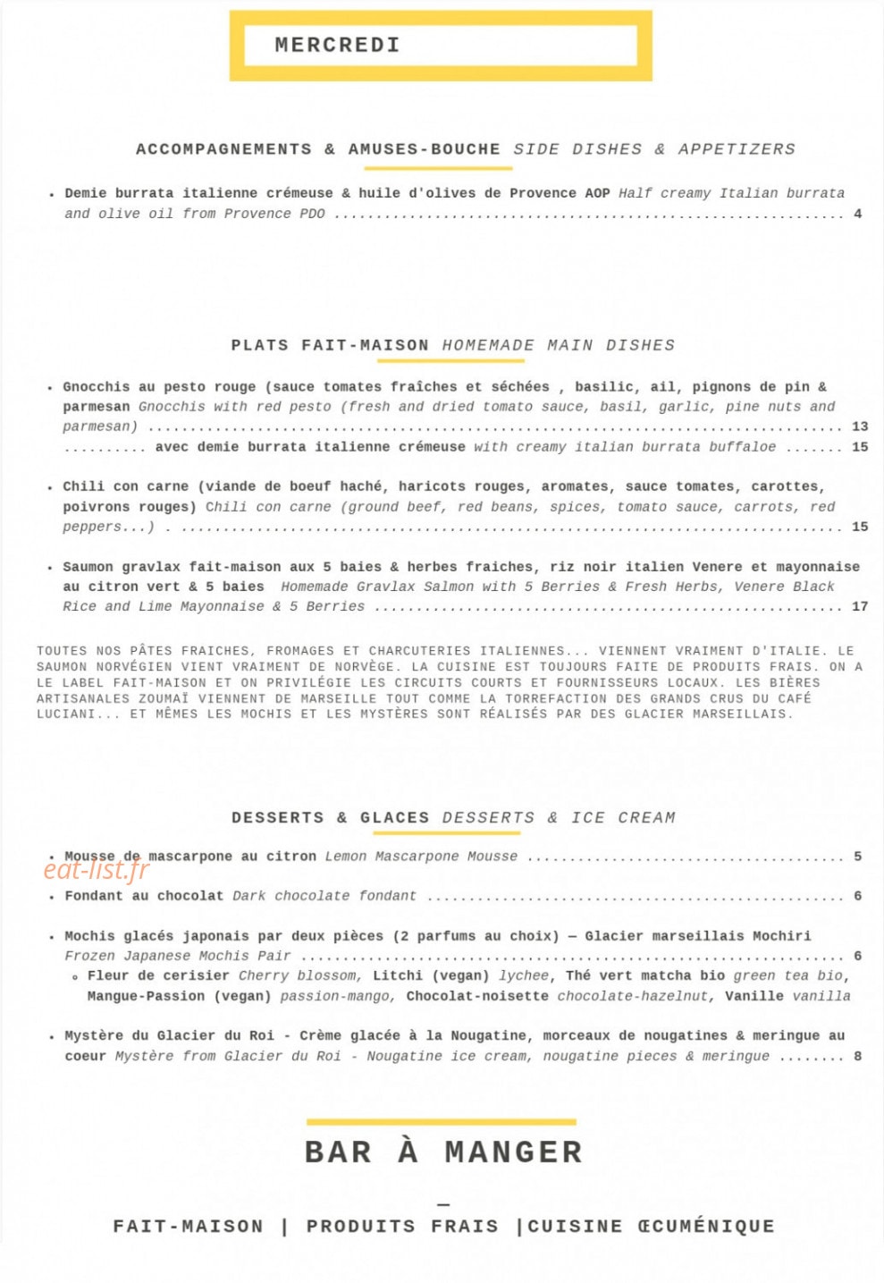 Bar à Manger — carte page 1