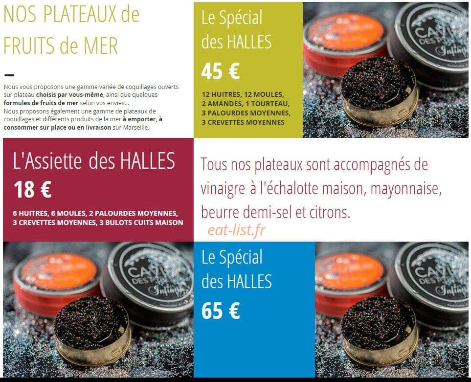 Carte et menu de Coquillages des Halles de la Major à Marseille 2 — Les plateaux