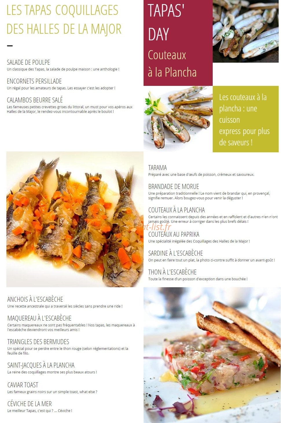 Carte et menu de Coquillages des Halles de la Major à Marseille 2 — Les tapas