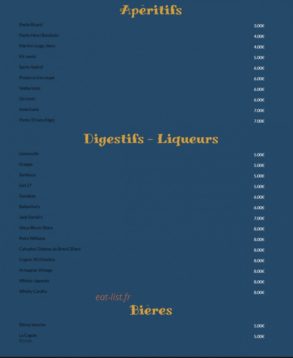 Carte et menu de Entre Terre et Mer à Marseille 2 — Les apéritifs, digestifs et bières, ...