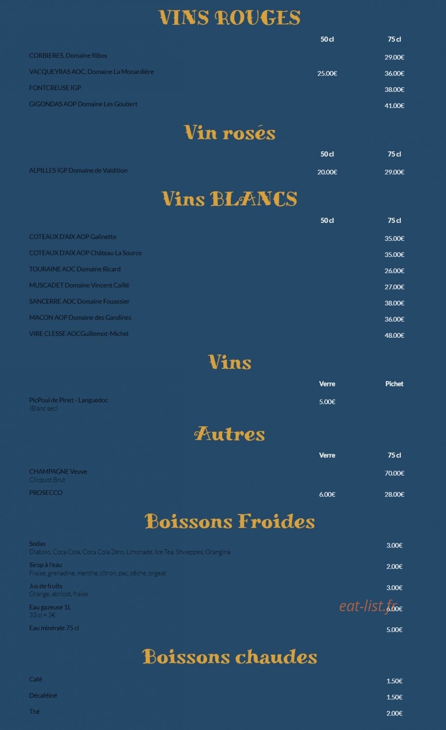 Carte et menu de Entre Terre et Mer à Marseille 2 — Les vins, autres et boissons