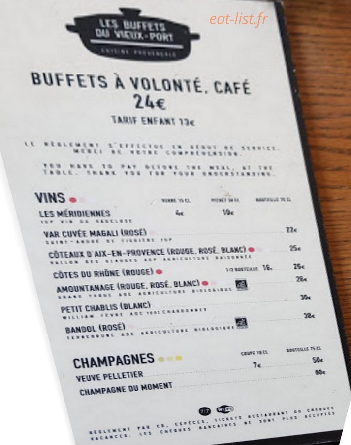Carte et menu de Les Buffets du Vieux-Port à Marseille 2 — Les vins et champagnes