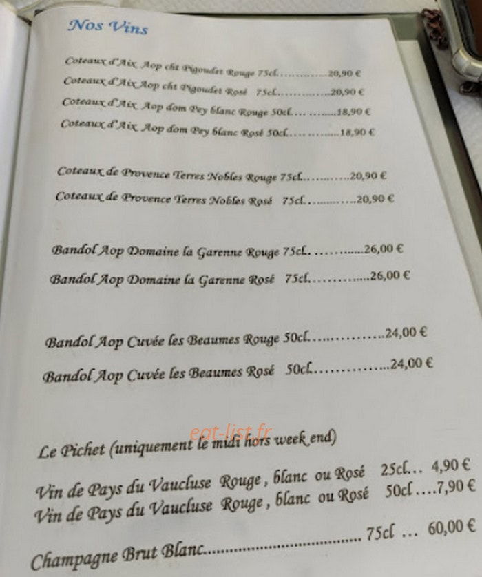 Carte et menu de Restaurant Pizzeria Le Joli Port à Marseille 2 — Les vins