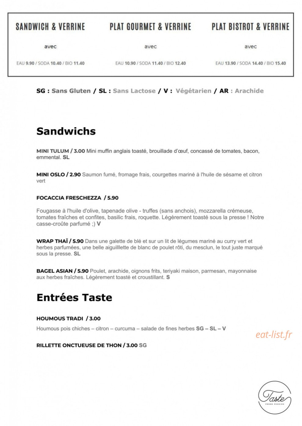Taste — carte page 1