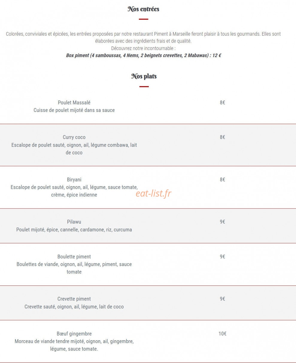 Restaurant Piment — carte page 1