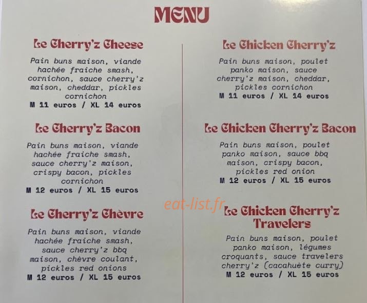 Cherry'z burger — carte page 1