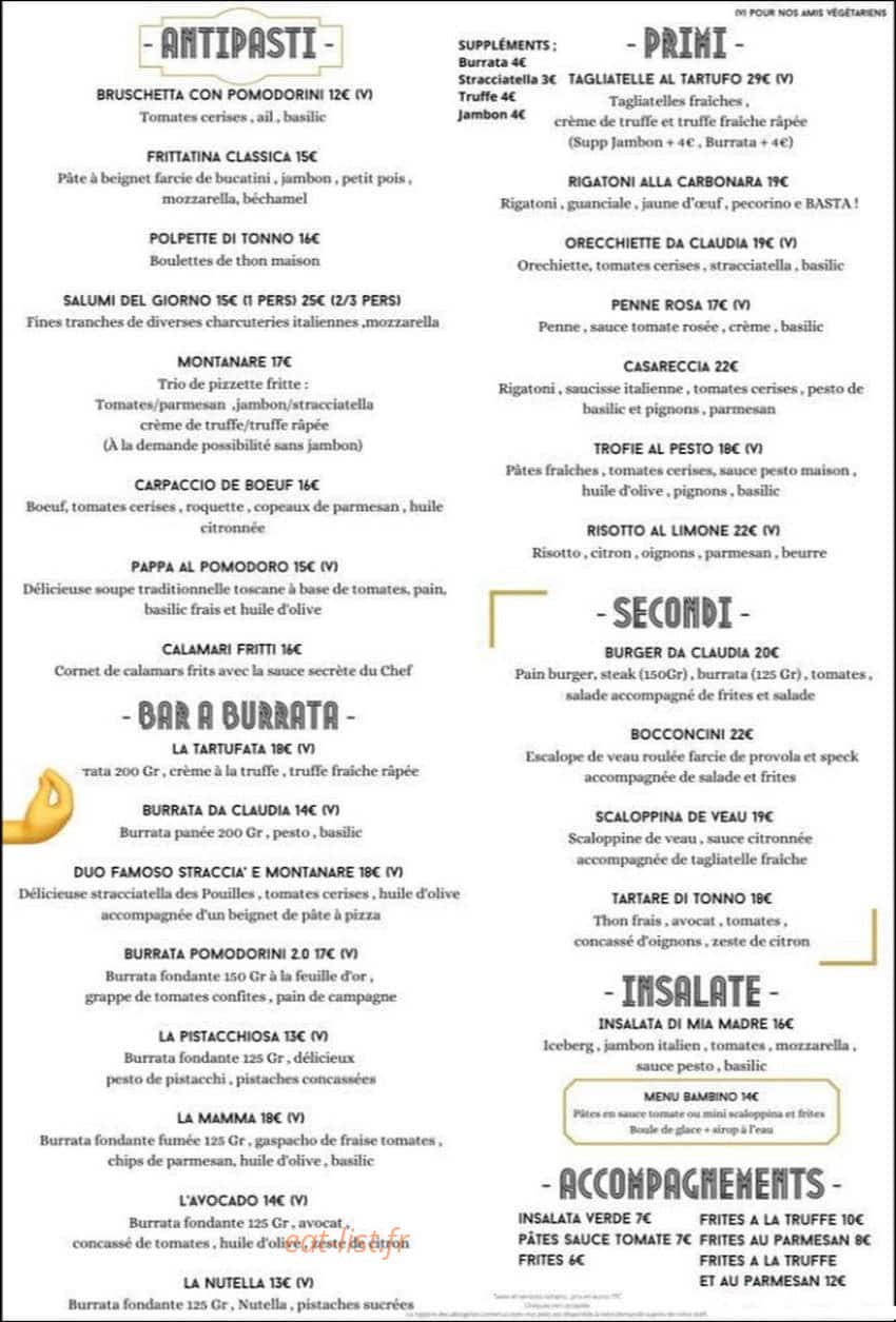 Da Claudia Ristorante — carte page 1