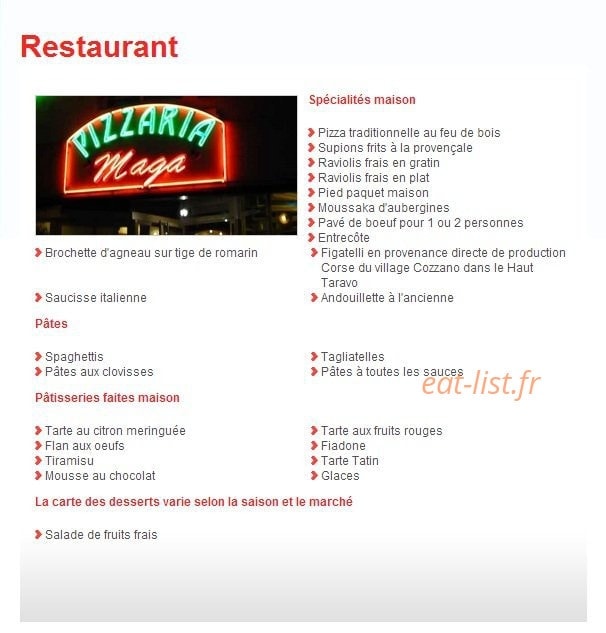 Restaurant Pizzeria Maga — carte page 1