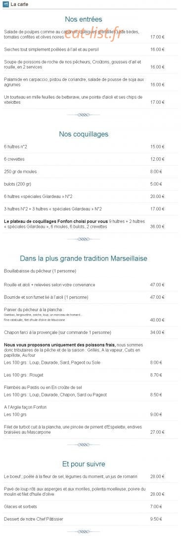 Carte et menu de Chez Fonfon à Marseille 7 — La carte