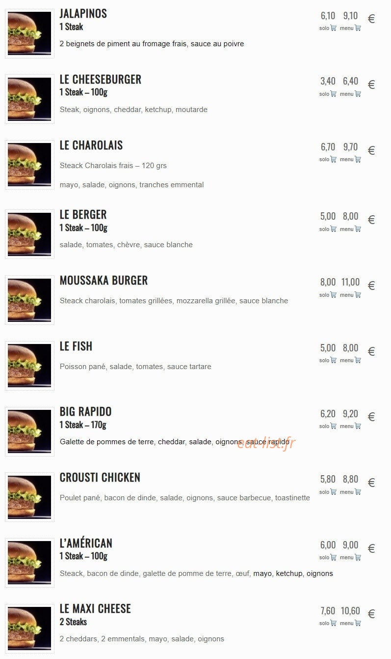 Rapido Burger — carte page 1