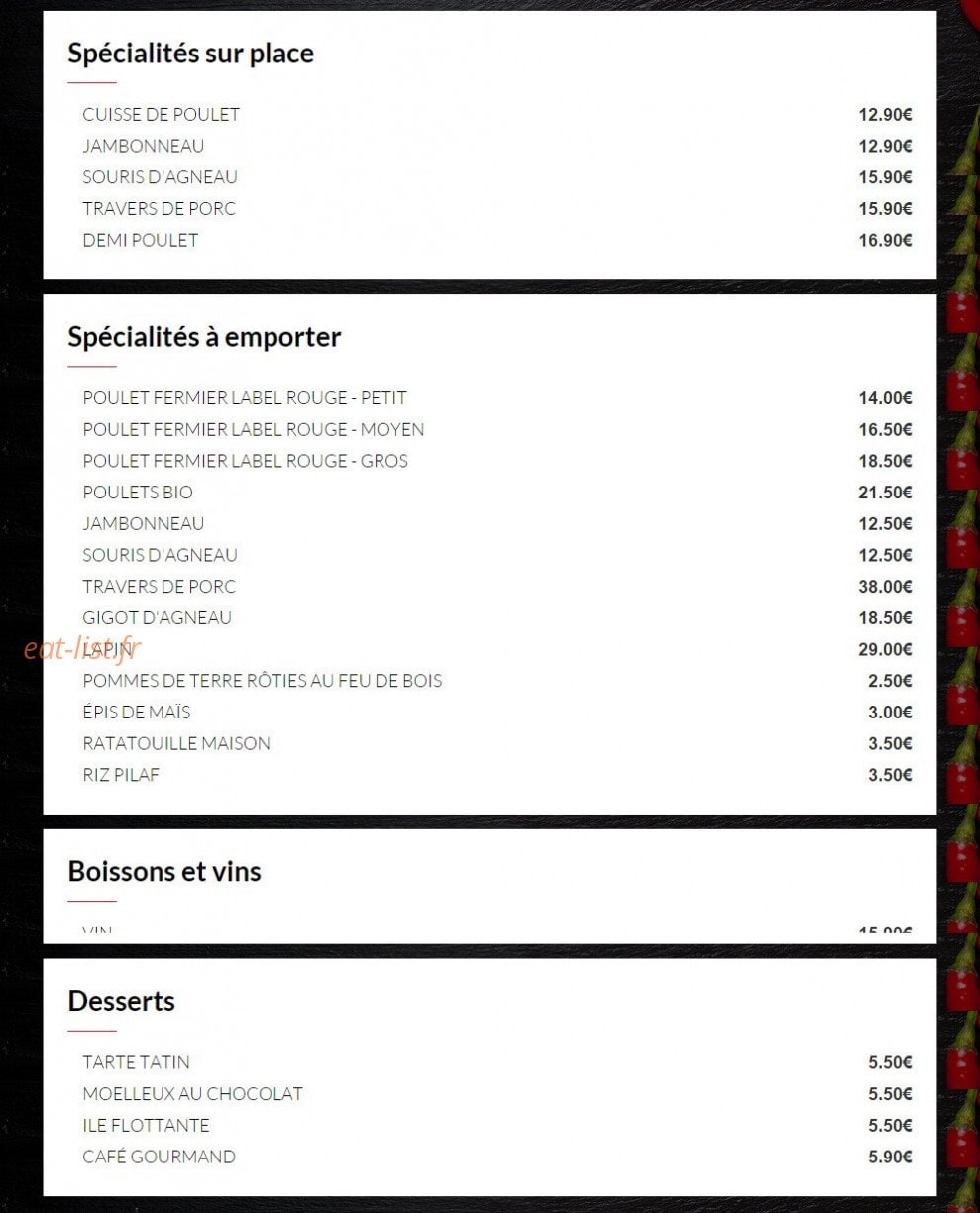 Carte et menu de Rotisserie Montaigne à Marseille 7 — Spécialités , vins, boissons,......