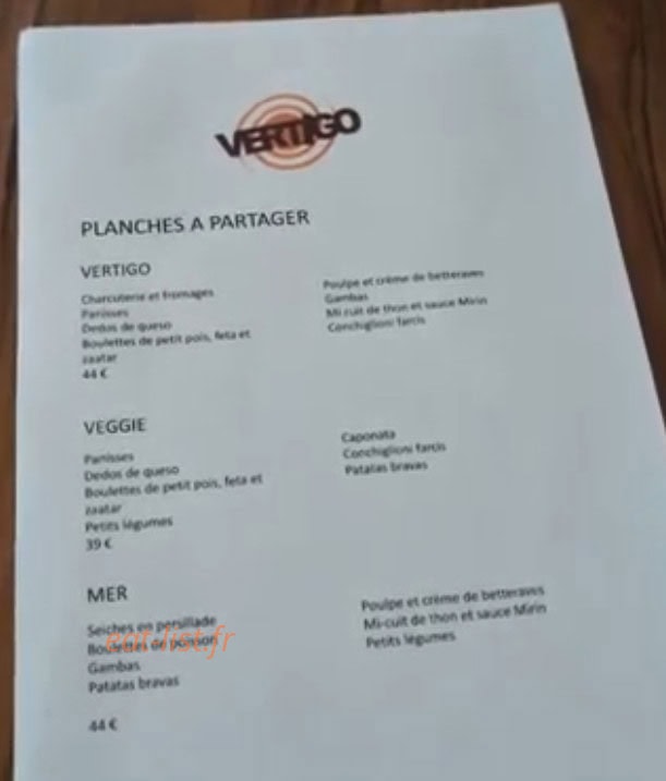 Vertigo Bar Food — carte page 1