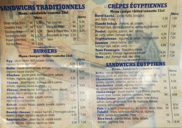 Alex food — carte page 1