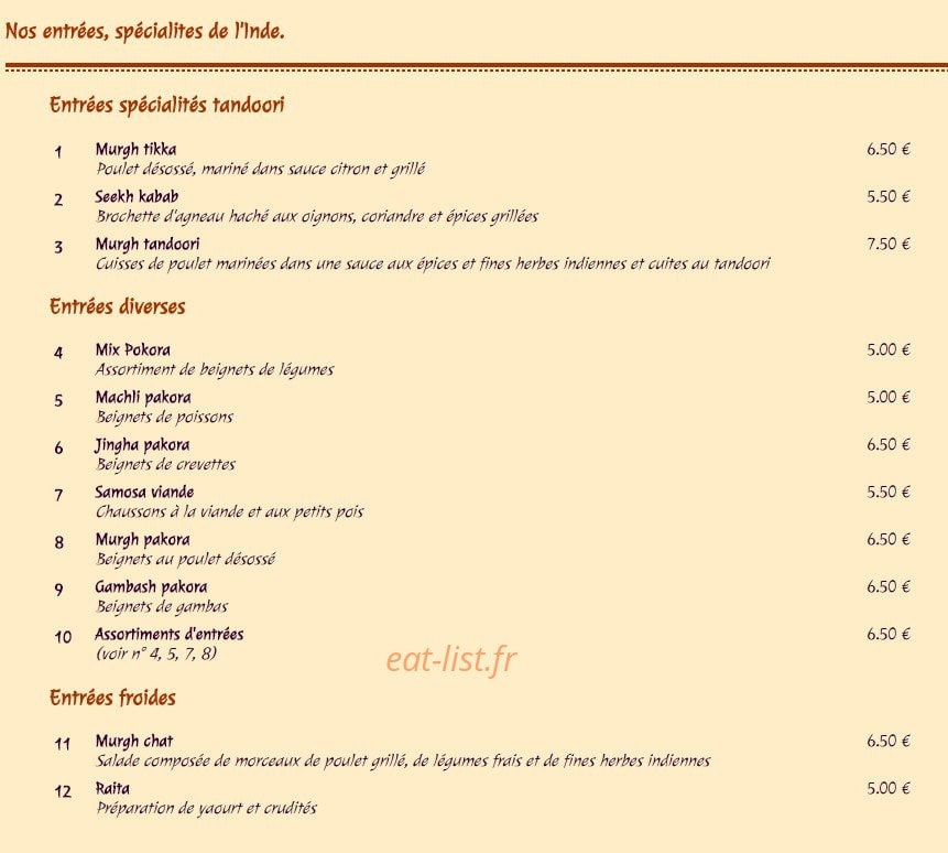 Bombay Grill — carte page 1