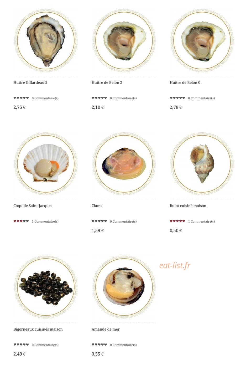Carte et menu de Coquillages Pierrot à Marseille 8 — Coquillages suite et fin