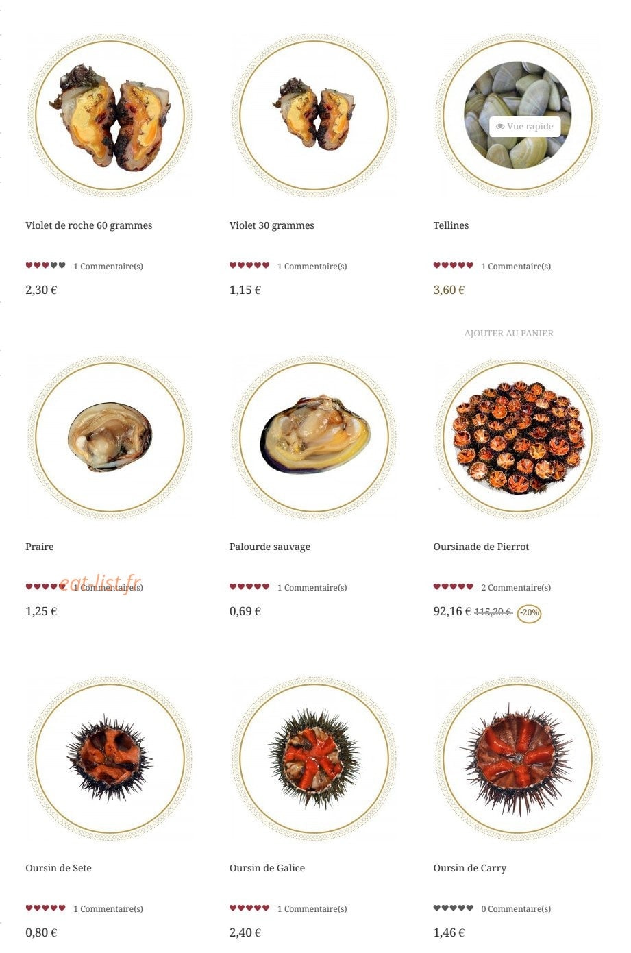 Carte et menu de Coquillages Pierrot à Marseille 8 — Les coquillages