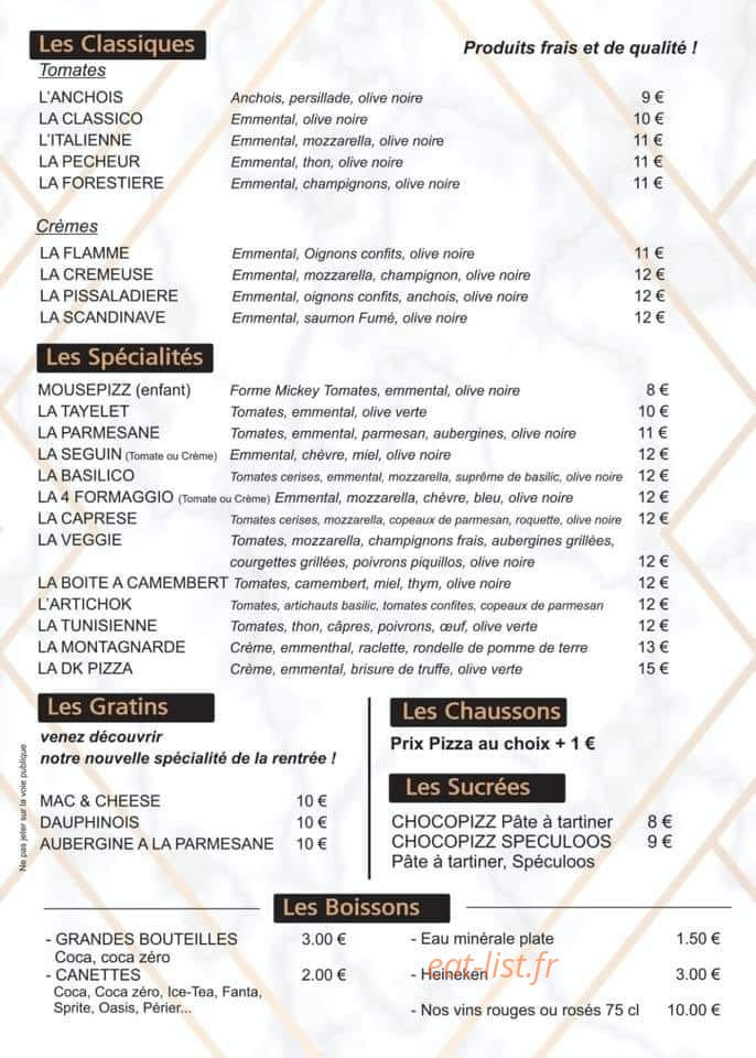 Dk pizza — carte page 1