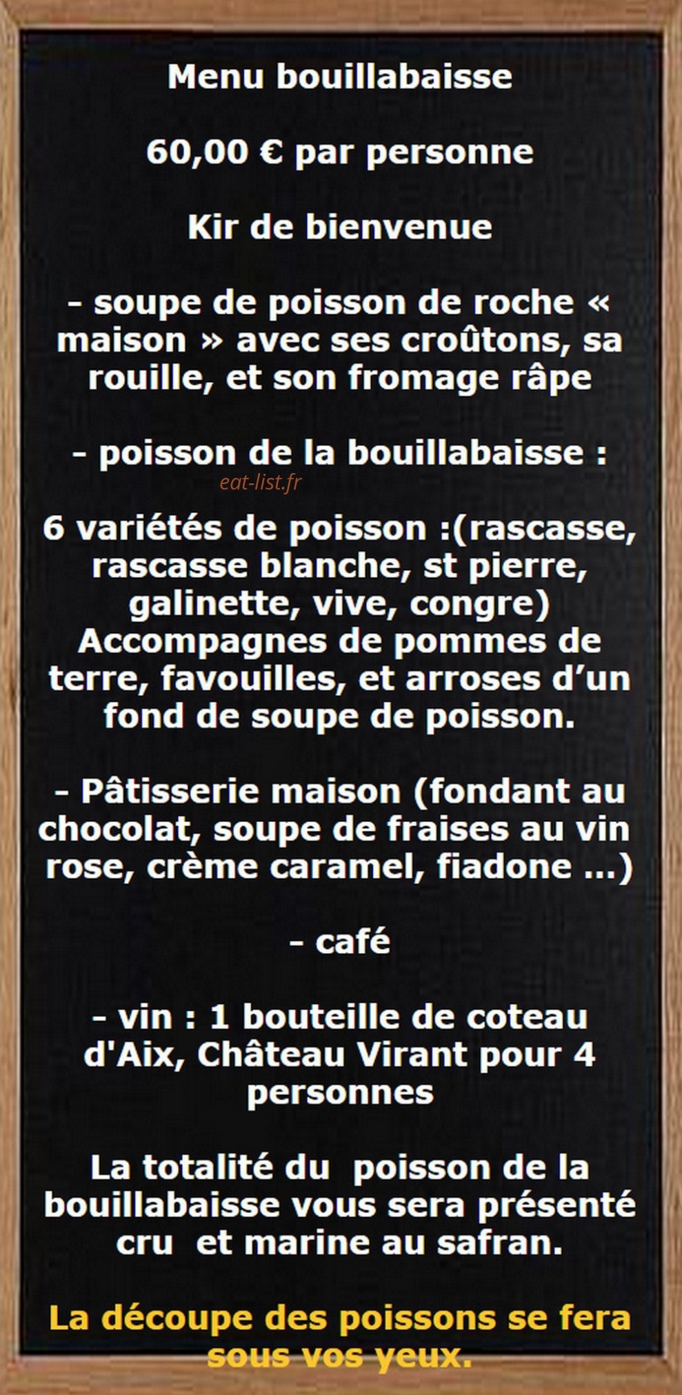 Carte et menu de L'Esplaï du grand Bar des Goudes à Marseille 8 — La bouillabaisse a 60€