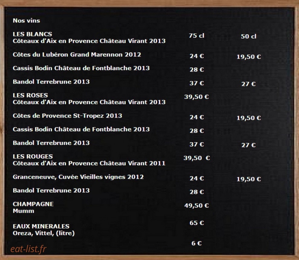 Carte et menu de L'Esplaï du grand Bar des Goudes à Marseille 8 — Les vins
