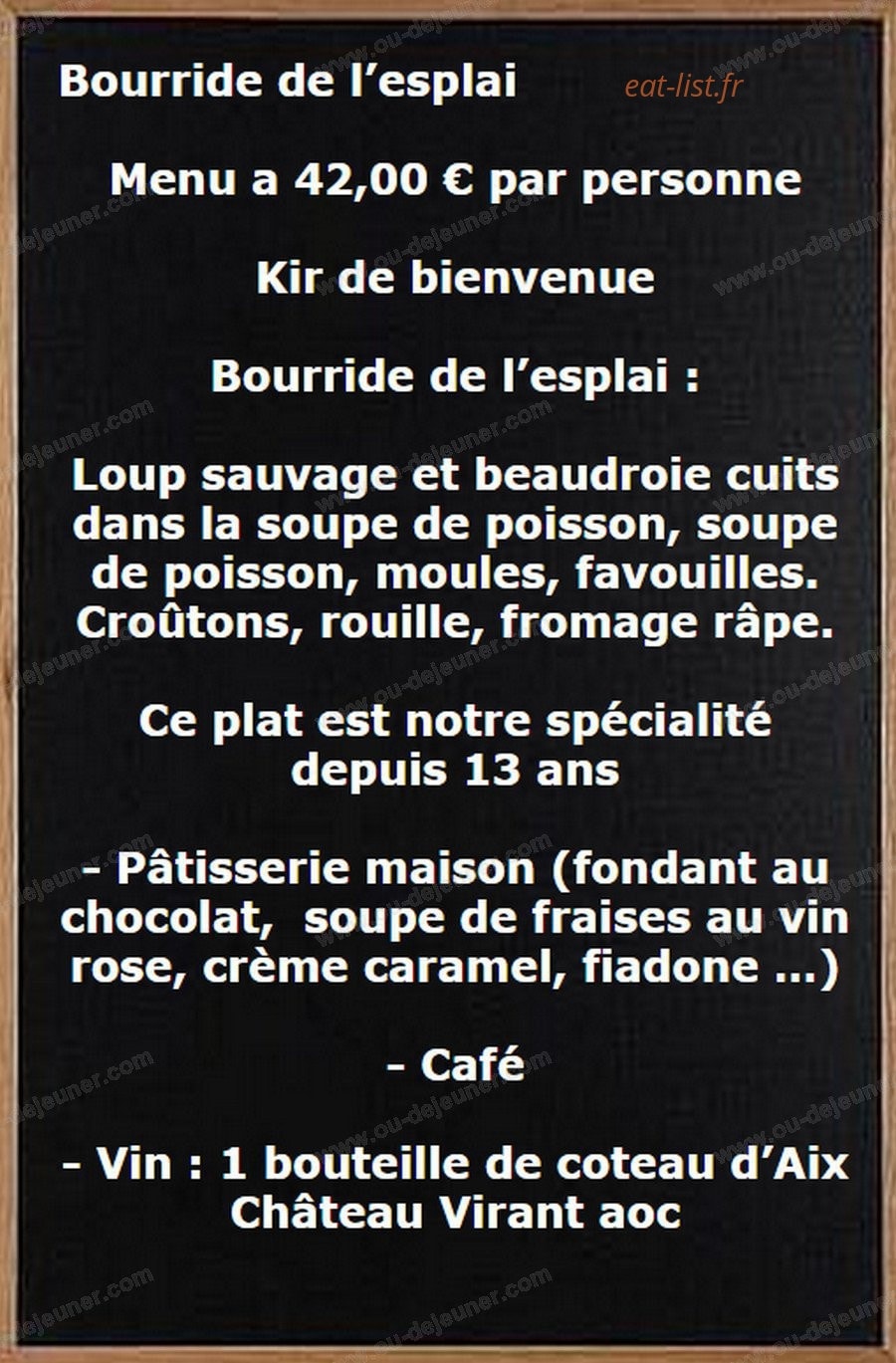 Carte et menu de L'Esplaï du grand Bar des Goudes à Marseille 8 — Menu a 42€