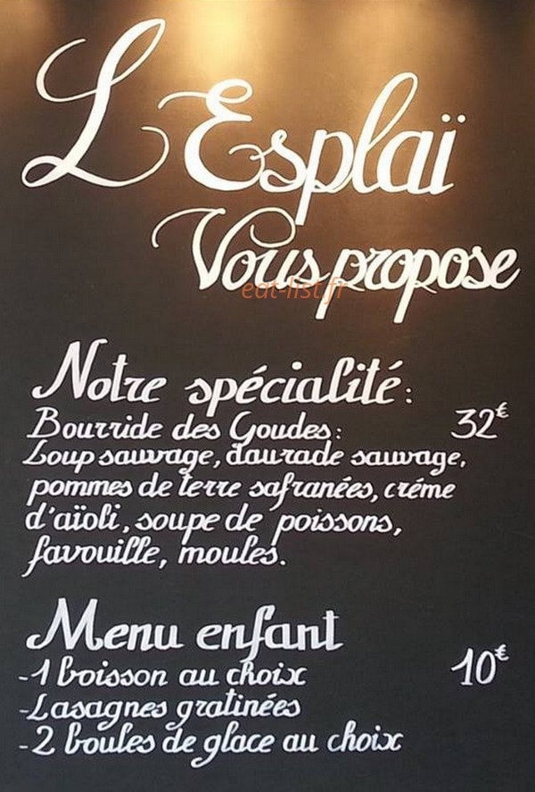 Carte et menu de L'Esplaï du grand Bar des Goudes à Marseille 8 — Les specialites