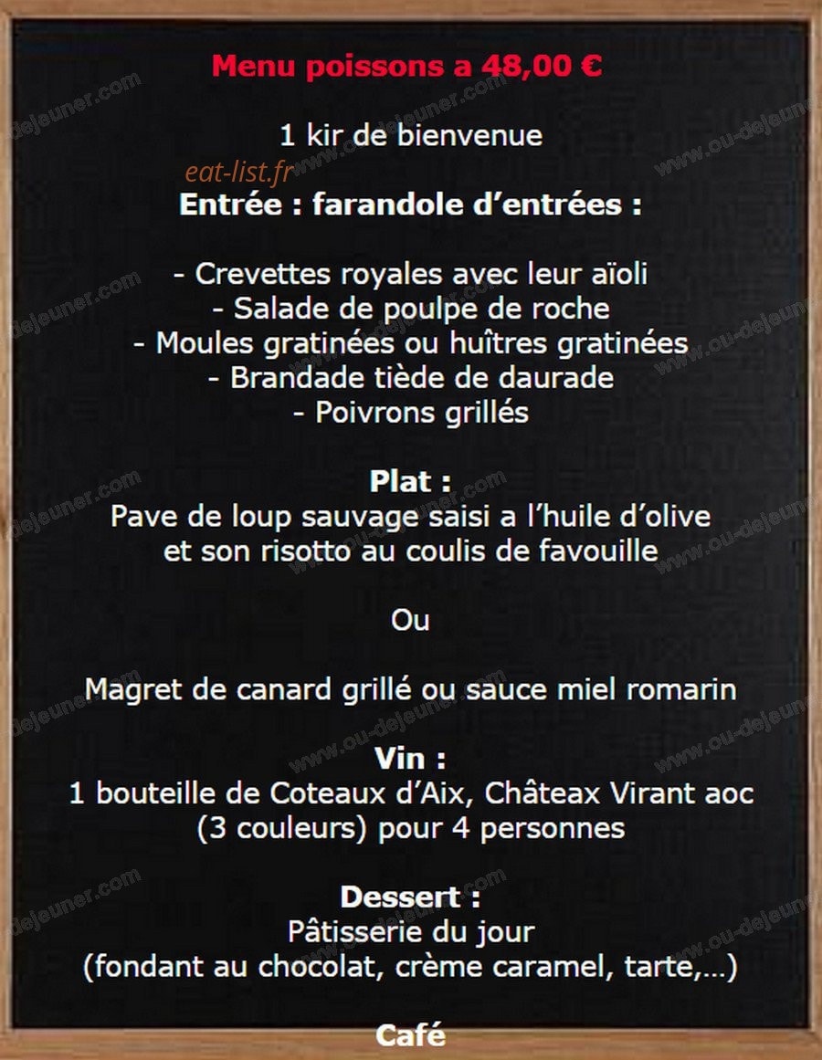 Carte et menu de L'Esplaï du grand Bar des Goudes à Marseille 8 — Menu poissons a 48€