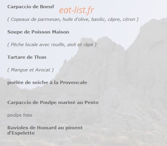 Carte et menu de La Baie des Singes à Marseille 8 — Les entrées (suite)