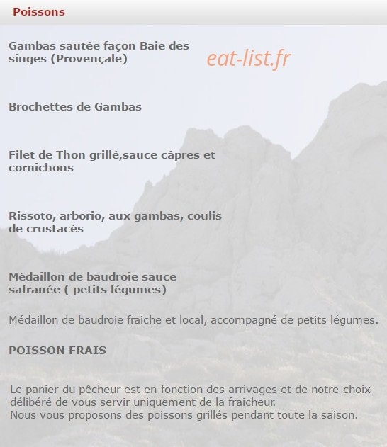 Carte et menu de La Baie des Singes à Marseille 8 — Les poissons