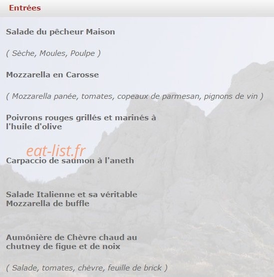 Carte et menu de La Baie des Singes à Marseille 8 — Les entrées