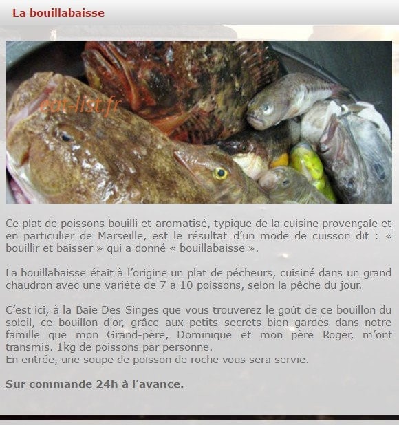 Carte et menu de La Baie des Singes à Marseille 8 — La bouillabaisse
