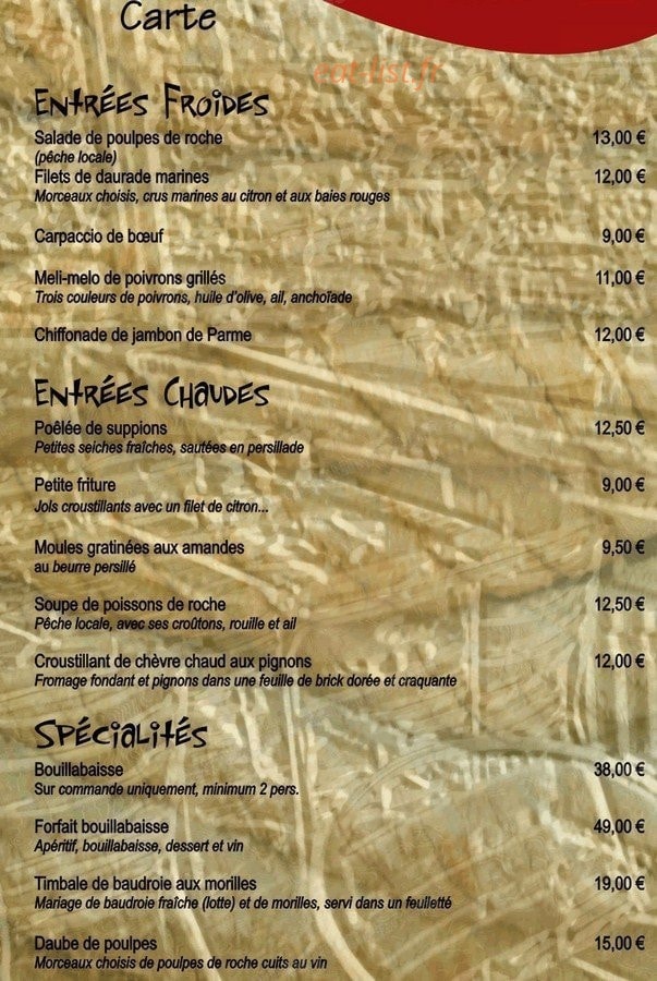 Carte et menu de La Marine des Goudes à Marseille 8 — La carte