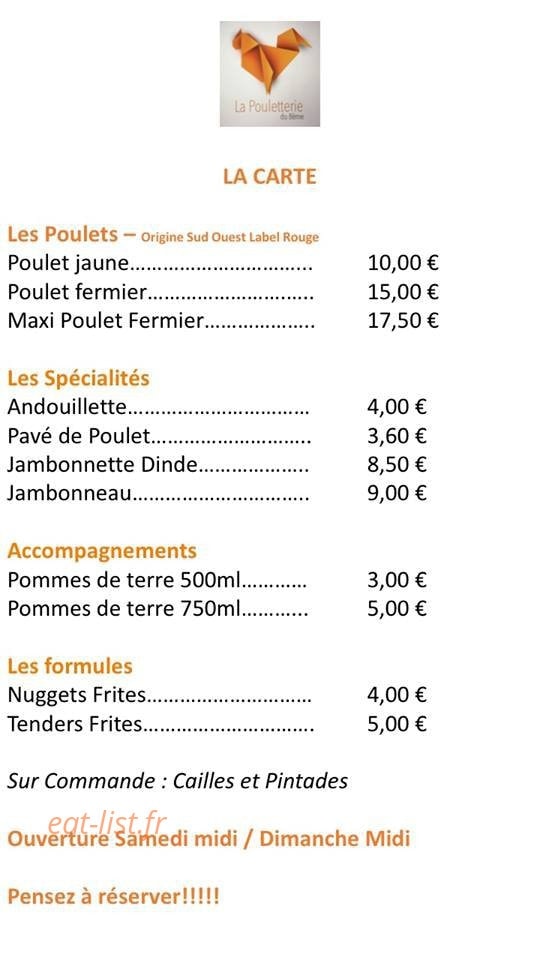 Carte et menu de La Pouletterie du 8ème à Marseille 8 — Ls poulets, les specialites ...