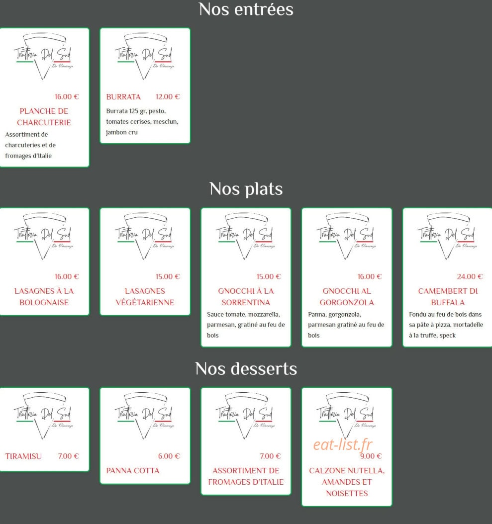 Carte et menu de La Trattoria Del Sud Da Vincenzo à Marseille 8 — Les entrées , plats et desserts