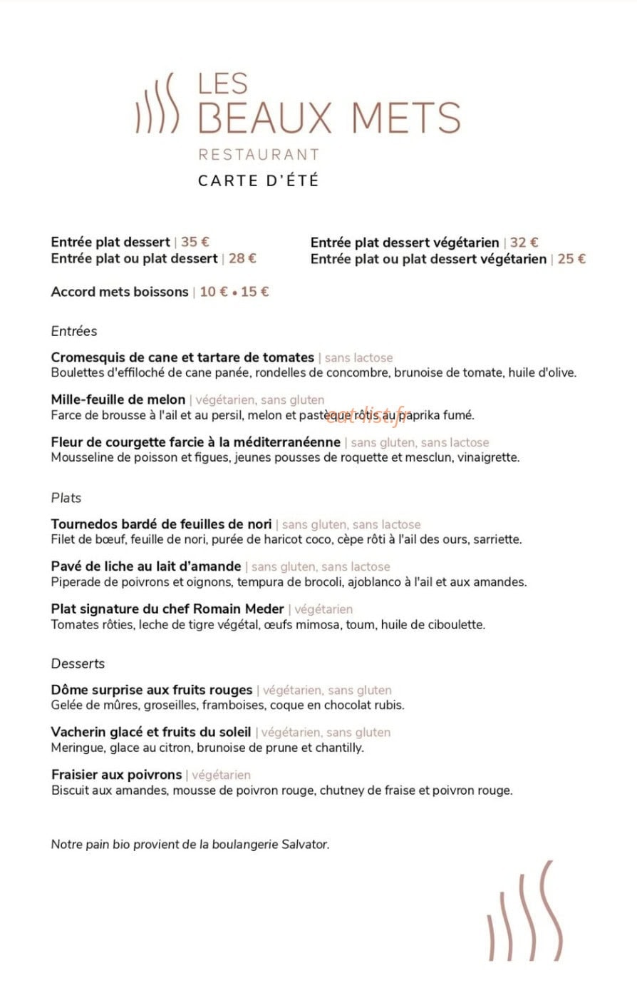 Des Beaux Mets — carte page 1