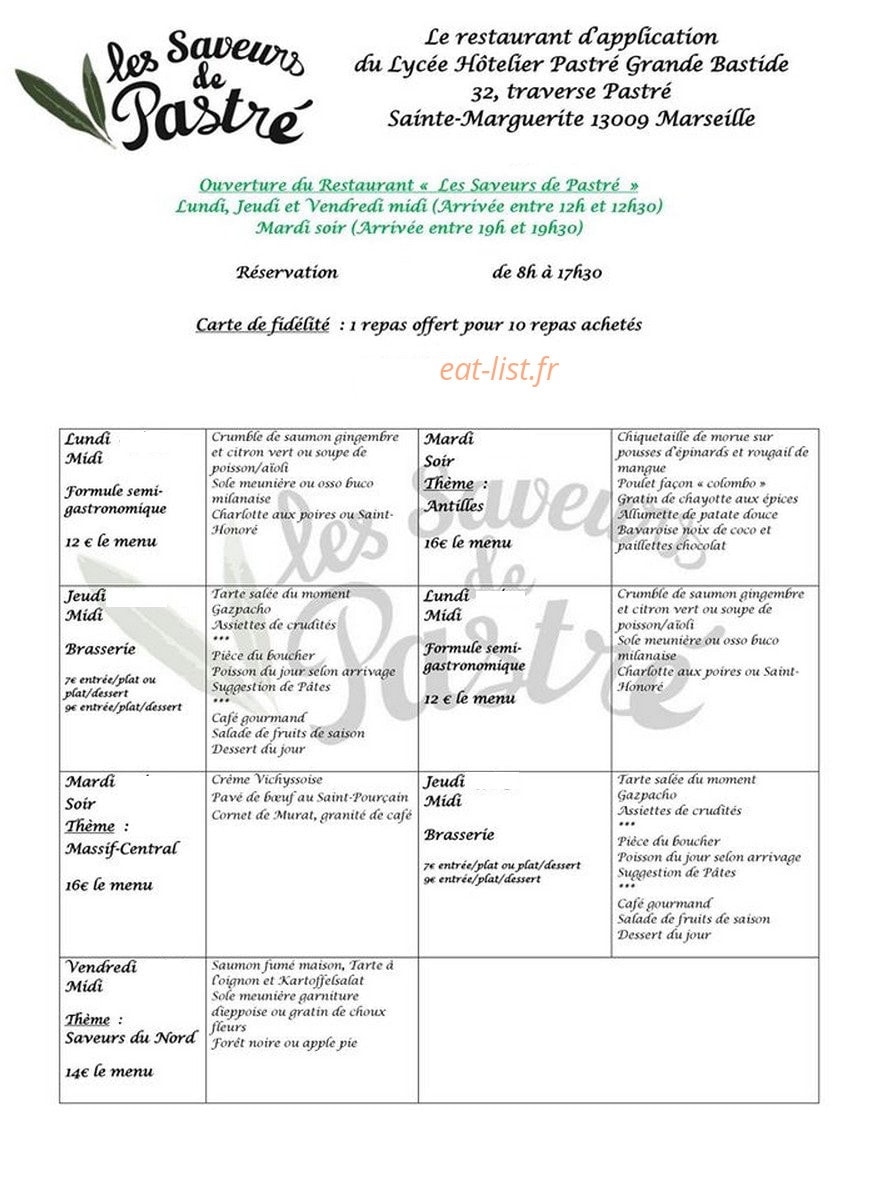 Les Saveurs de Pastré — carte page 1