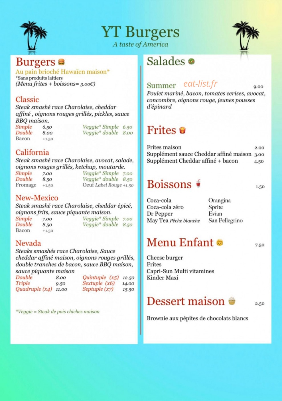 YT Burgers — carte page 1