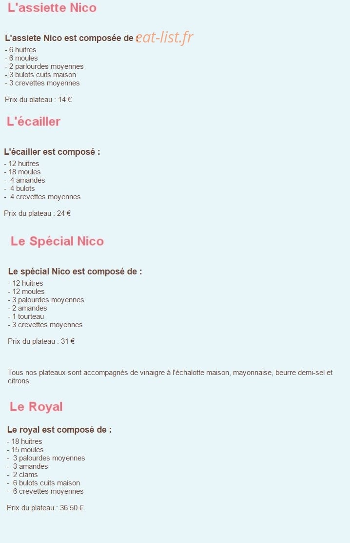 Carte et menu de Nico Coquillages à Marseille 10 — Les plateaux de coquillages