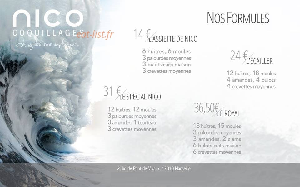 Carte et menu de Nico Coquillages à Marseille 10 — Les formules