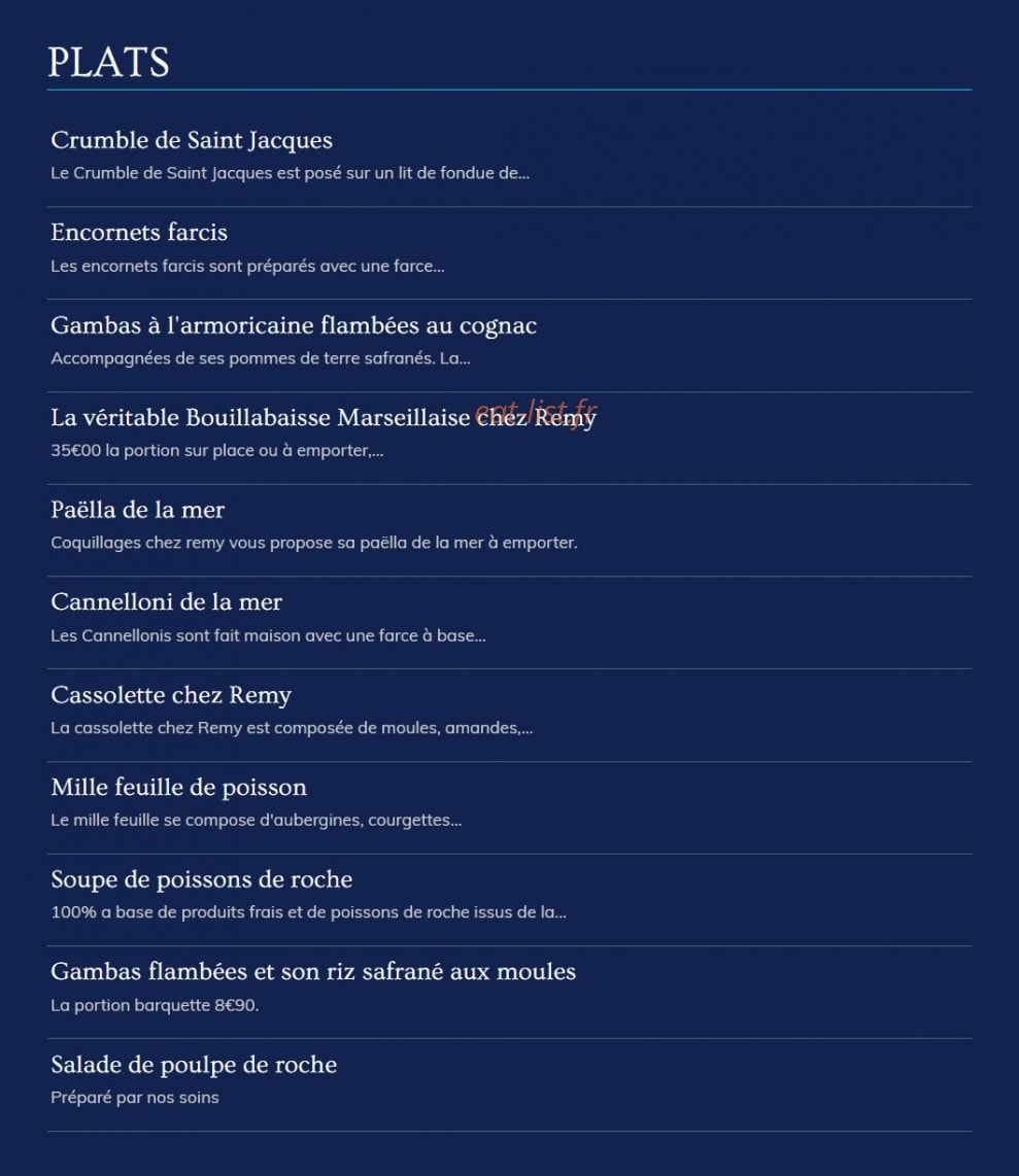Carte et menu de Coquillages Chez Remy à Marseille 11 — Les plats