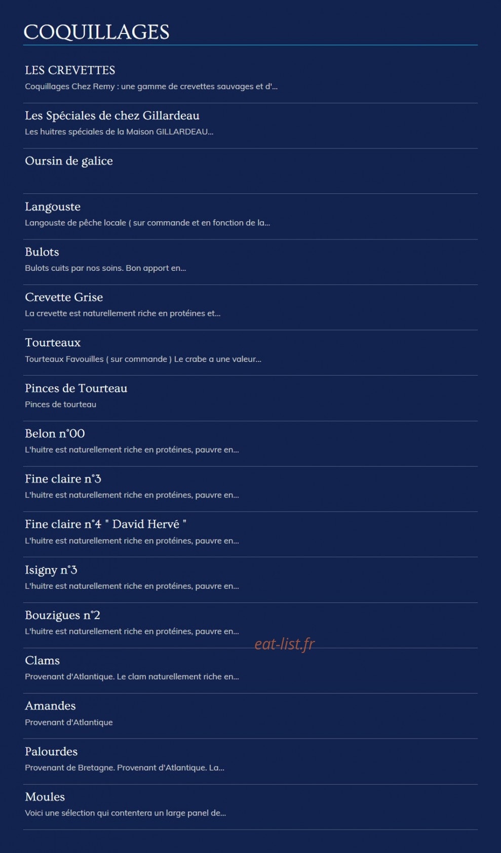Carte et menu de Coquillages Chez Remy à Marseille 11 — Les coquillages