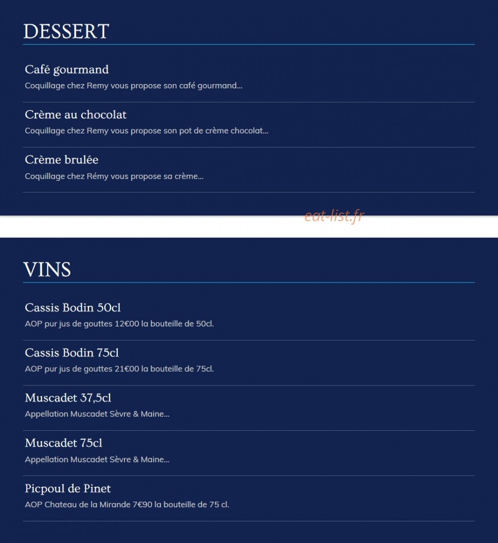 Carte et menu de Coquillages Chez Remy à Marseille 11 — Les desserts et vins