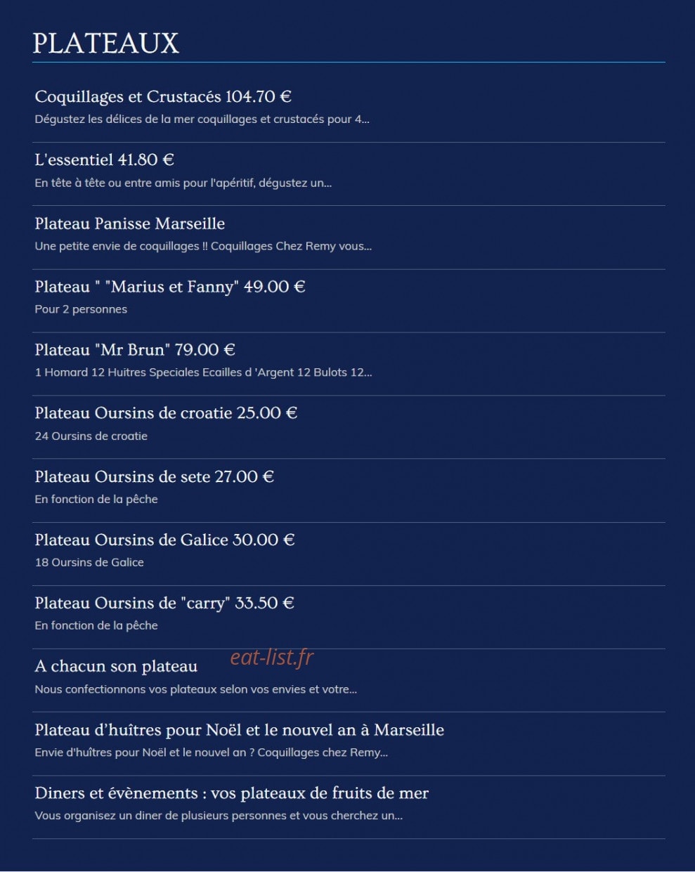 Carte et menu de Coquillages Chez Remy à Marseille 11 — Les plateaux