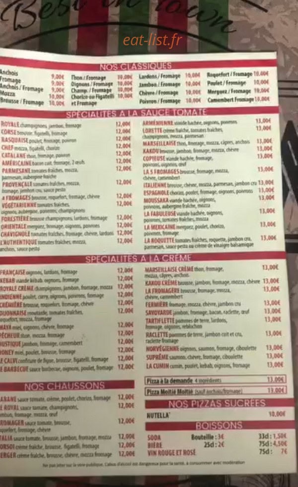 Carte et menu de La Cabane à Pizza à Marseille 12 — Les classiques, spécialités...